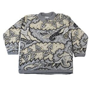 Vtg 80s Alfred Dunner Collared Sweater XL Gray Beige All Over Print USA Abstract